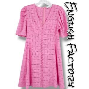 English Factory Broderie Pink Eyelet Mini Dress XS Puff Sleeve Fit Flare Cotton